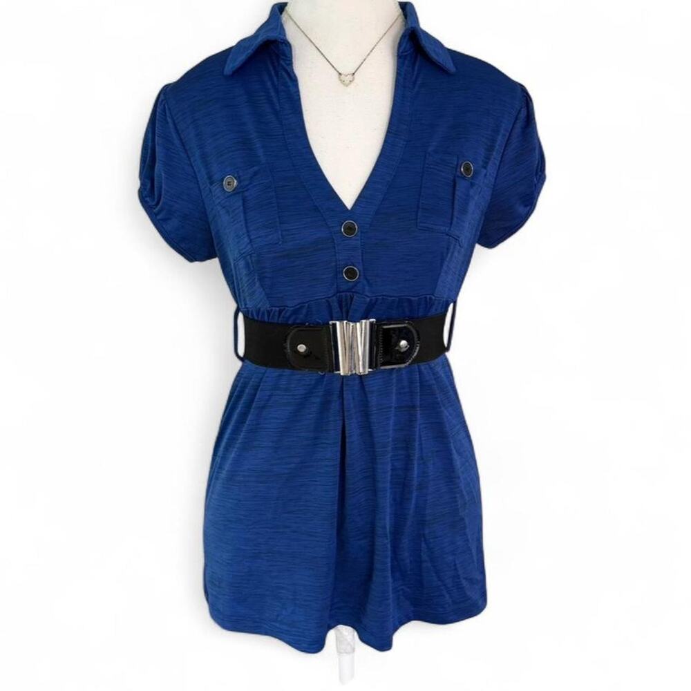 Blue Collard Office Siren Early 2000s Y2K Classy belted Short Sleeve top size M